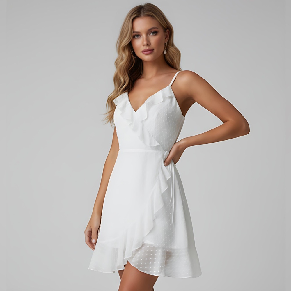 LAST ONE 🔥 Swiss Dot Ruffle Trim Wrap Hem Cami Dress White